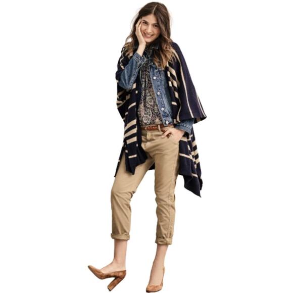 Gap Women Kimono Blanket Cardigan Sweater OS Navy Cotton‎ Wool Blend Nautical - Picture 2 of 8